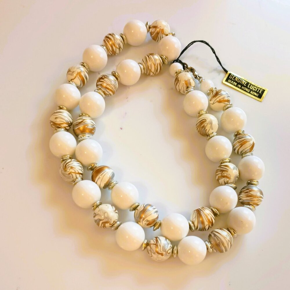 Vintage Lucite Beaded Necklace 22" White Swirled Gold Silver Women's Jewelry